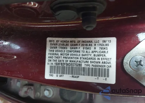 2013 Honda Civic Lx z USA, uszkodzony, nr VIN 19XFB2F56DE070280